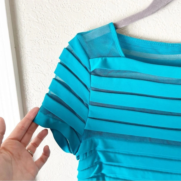 ADRIANNA Papell Stretchy Ribbed Square Neck Sheath Dress in Turquoise 10 - Picture 4 of 9